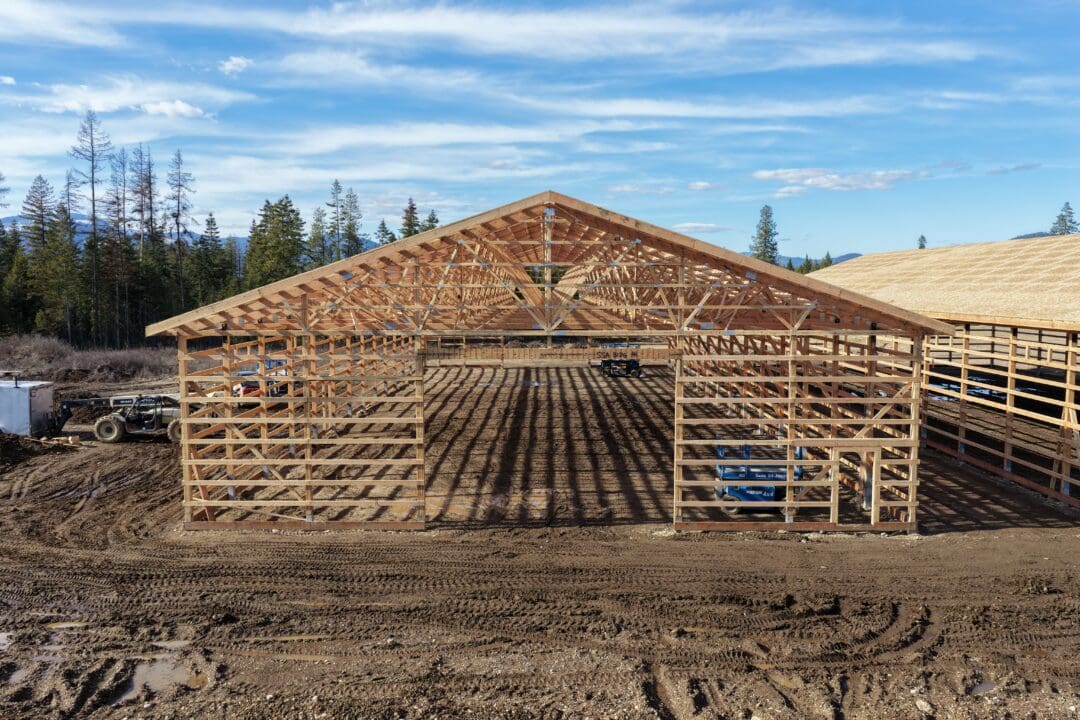 A pole barn takes a lot of labor and time to construct. This partially build pole building demonstrates the amount of effort