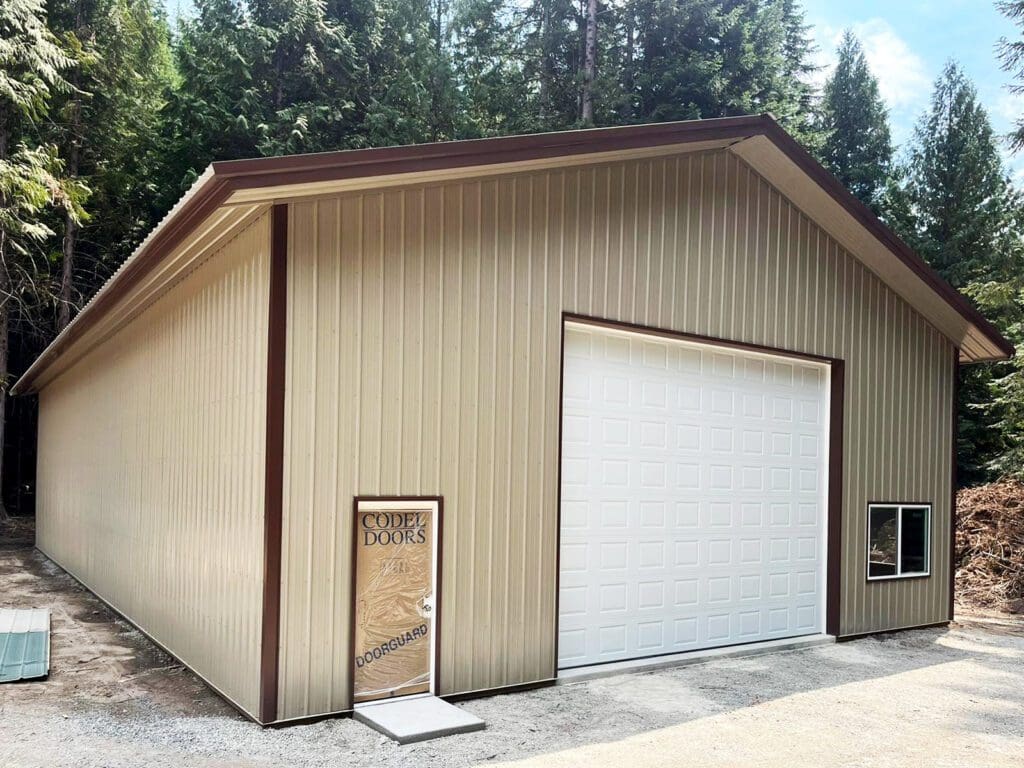 pole barn shop, beige with crown accents and white doors