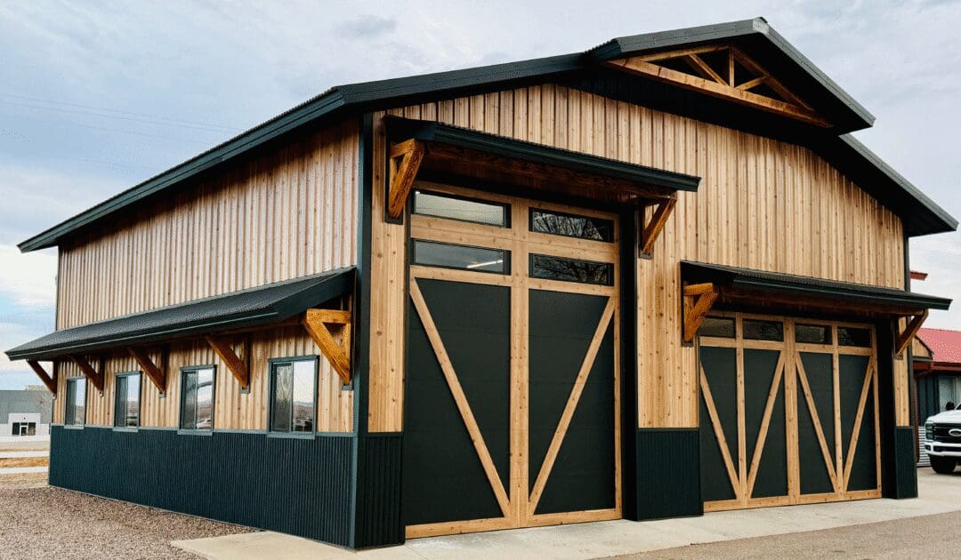 A stunning shouse, green with wood like metal siding