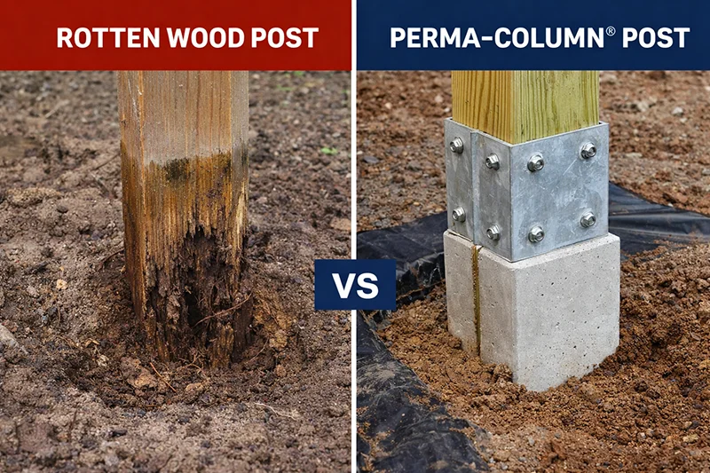 An image comparing the two pole barn post options, rotting wood posts, and perma-column posts