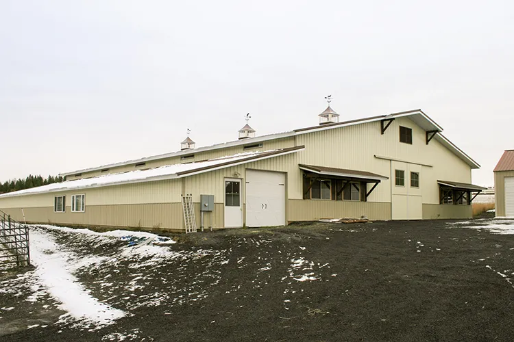 A 50X100 pole barn swine barn used as a hog building in an agricultural setting, beige in color, with a suprising cost