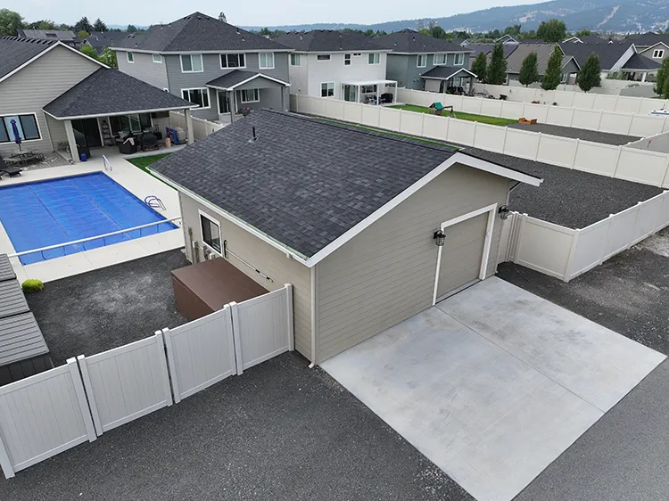 A property in Liberty Lake Washington takes advantage of the new washigton ADU laws by installing this grey ADU in their back yard