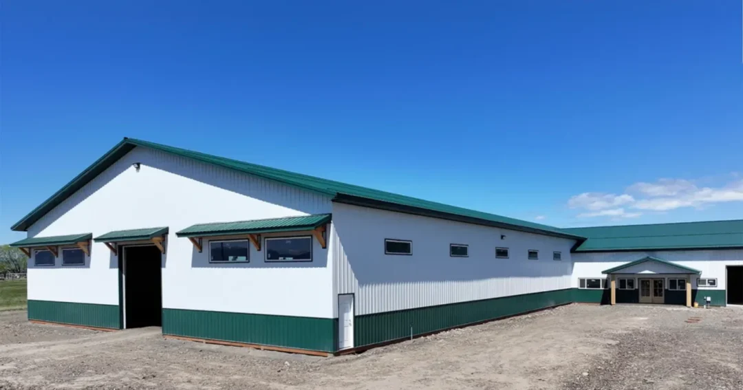 A large agricultural pole barn built by Steel Structures America, similar in scale to a 40x100 pole barn