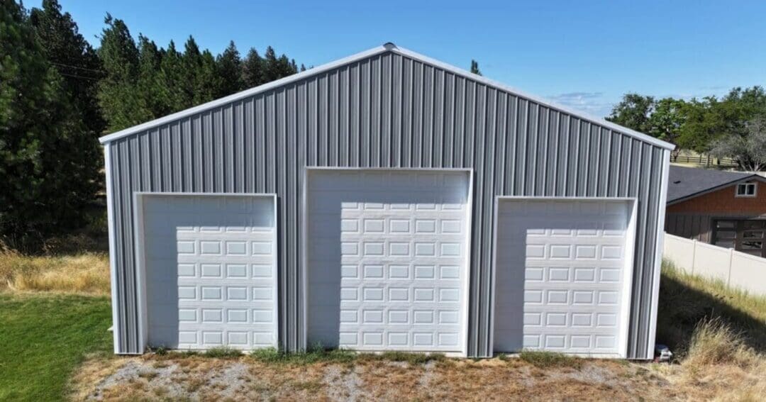 Front view of a 40x60 residential pole building with loft in Greenacres, Washington, a longer version of a 40x40 metal building
