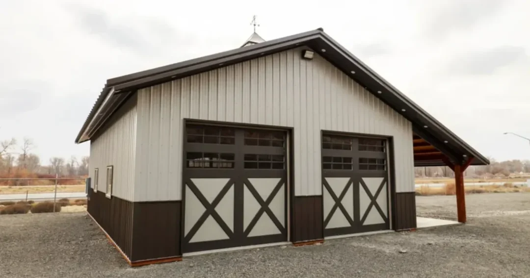 A steel-sided metal building built by Steel Structures America, similar in size to a 40x50 metal building