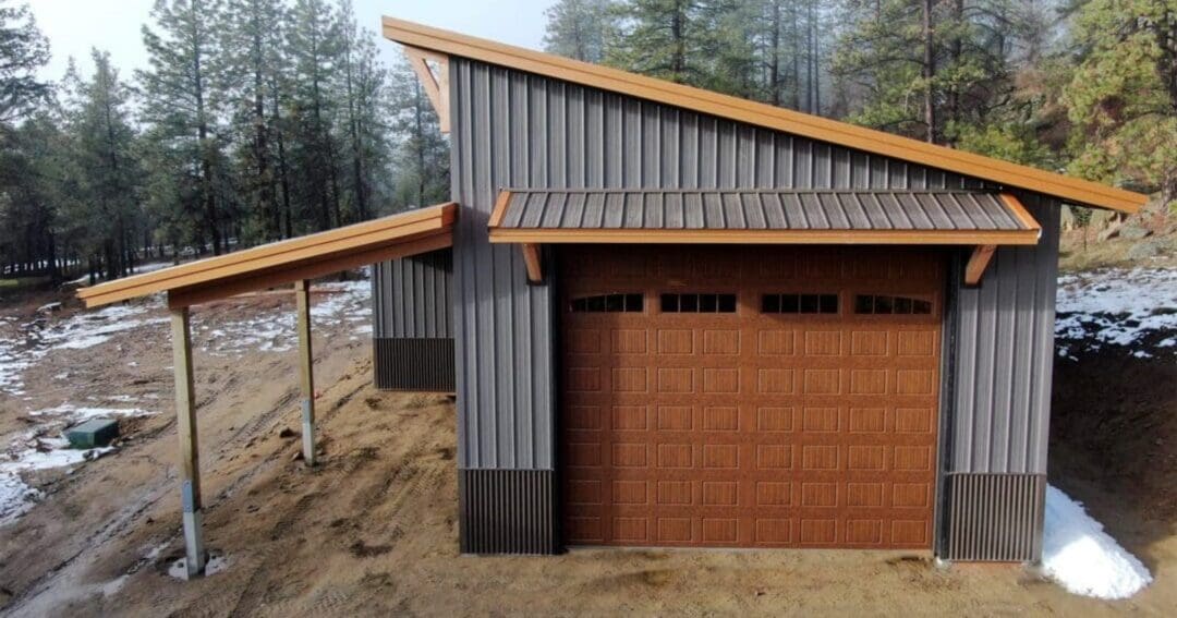 A monoslope shop built by Steel Structures America, single-slope roof over a 24x44 building in Liberty Lake, WA