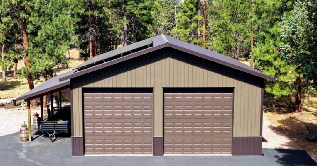 Custom shop and garage exterior in Sisters, Oregon with tan panels and dark brown trim, a finish that suits a 2 car metal garage