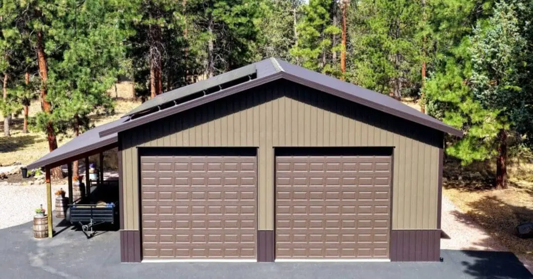 Custom shop and garage exterior in Sisters, Oregon with tan panels and dark brown trim, a finish that suits a 2 car metal garage