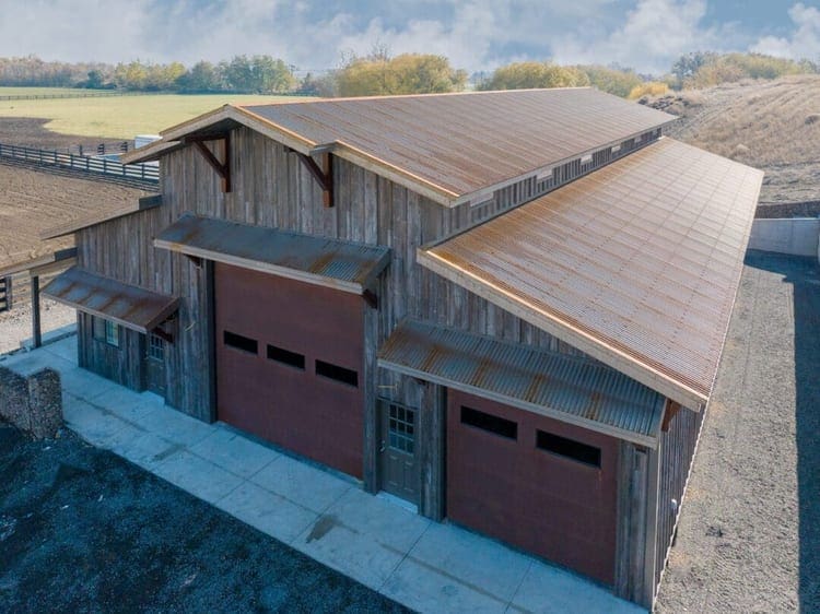 Corrugated steel roof on a Walla Walla event barn, fire resistant steel roofing with nothing on the surface to ignite