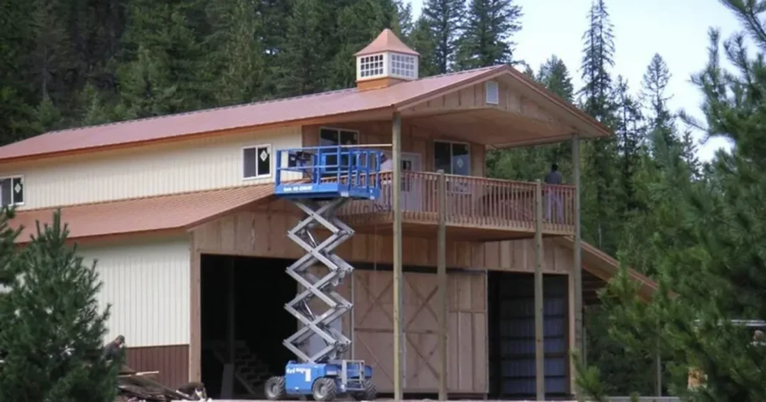 Pole barn building framing showing posts and trusses, demonstrating the post-frame construction system that allows clear-span interior space