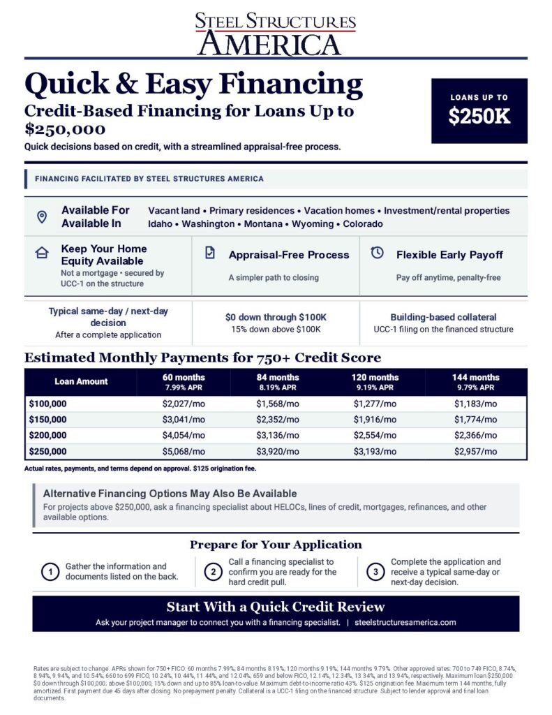 Preview of the Steel Structures America financing flyer, page 1 of 2