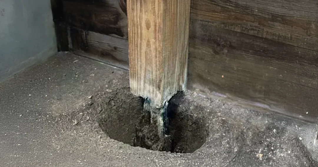 Pole barn post rot is shown on this burried pole barn post